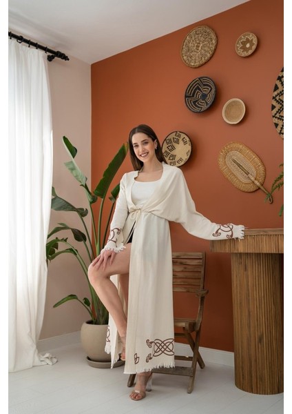 Üçaymoda Kahverengi Baskı Detay Keten Hırka