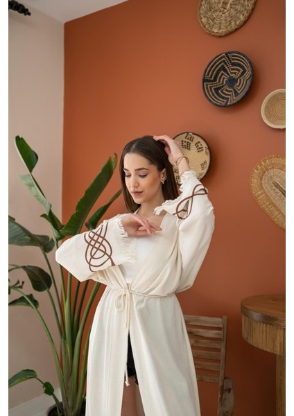 Üçaymoda Kahverengi Baskı Detay Keten Hırka