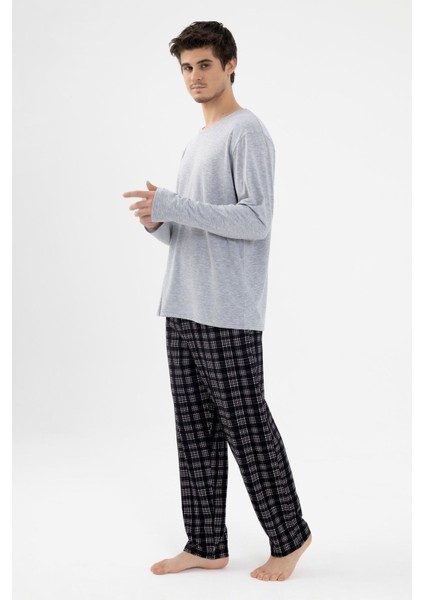 Erkek Likralı Uzun Kollu Gri Melanj Ekose Desenli Cep Detaylı Pijama Takımı