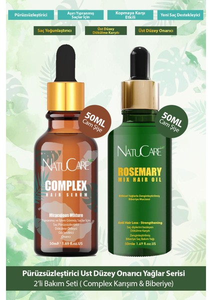 Natucare Saç Pürüzsüzleştirici Mucizevi Yağlar 2'li Saç Bakım Seti 50ML (Complex Karışım & Biberiye Yağı)