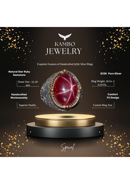 925 Ayar Gümüş Erkek Yüzük – Yıldız Yakut (Star Ruby) Taşlı Özgün El Yapımı Model fiyatları
