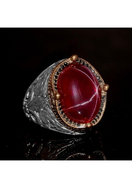925 Ayar Gümüş Erkek Yüzük – Yıldız Yakut (Star Ruby) Taşlı Özgün El Yapımı Model fırsatları