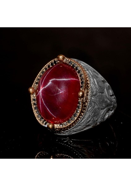925 Ayar Gümüş Erkek Yüzük – Yıldız Yakut (Star Ruby) Taşlı Özgün El Yapımı Model indirimleri