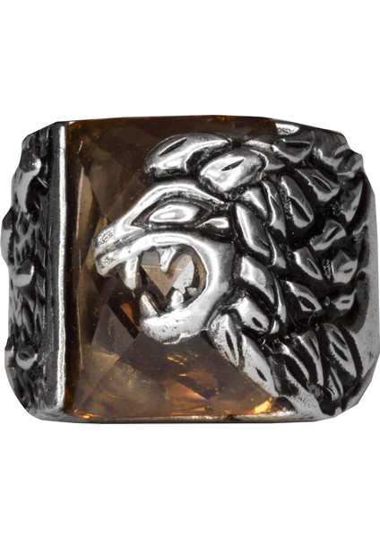 Erkekler Için 925 Ayar Gümüş Aslan Yüzük - Yaratılmış Sitrin Taşı ile - Cesur ve Ihtişamlı Tasarım