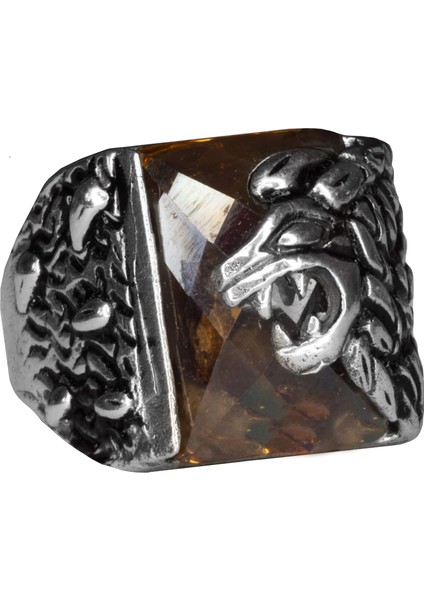 Erkekler Için 925 Ayar Gümüş Aslan Yüzük - Yaratılmış Sitrin Taşı ile - Cesur ve Ihtişamlı Tasarım fiyatları