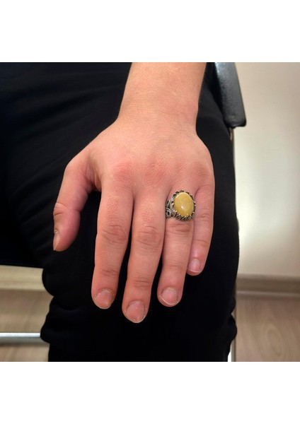 925 Ayar Katı Gümüş Erkek Yüzük - Doğal Taş Seçenekleri ile El Yapımı Tasarım (Sarı Akik Taşı) modelleri