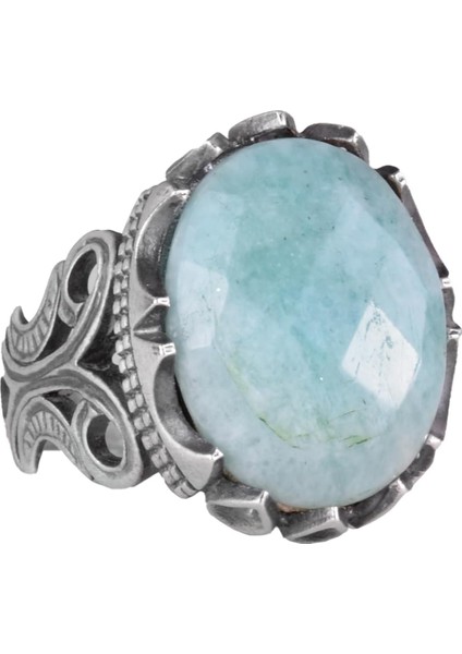 925 Ayar Katı Gümüş Erkek Yüzük - Doğal Amazonit Taş ile El Yapımı Tasarım