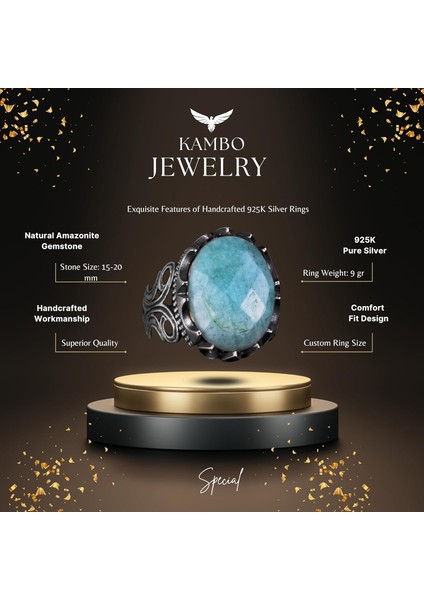 925 Ayar Katı Gümüş Erkek Yüzük - Doğal Amazonit Taş ile El Yapımı Tasarım indirimleri