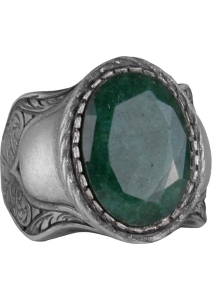 Doğal Taş Yüzük Erkekler Için, 925 Ayar Gümüş Yüzük, (Zümrüt)