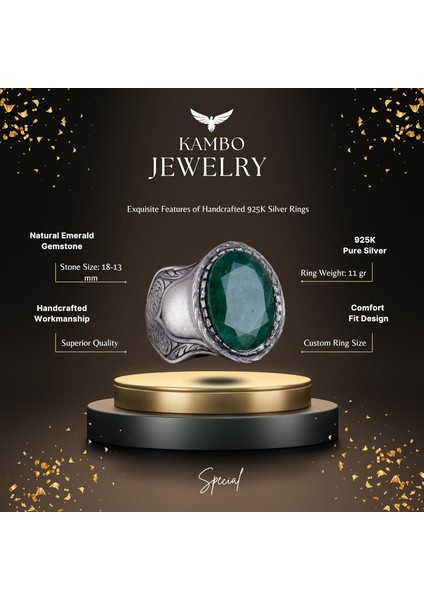 Doğal Taş Yüzük Erkekler Için, 925 Ayar Gümüş Yüzük, (Zümrüt) fiyatları