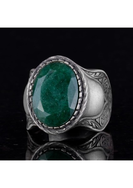 Doğal Taş Yüzük Erkekler Için, 925 Ayar Gümüş Yüzük, (Zümrüt) fırsatları