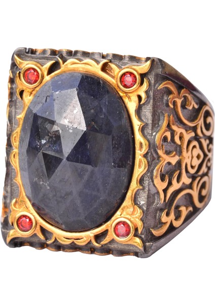 Erkek Sterlin Gümüş Sultan Yüzük - Doğal Safir Taşı