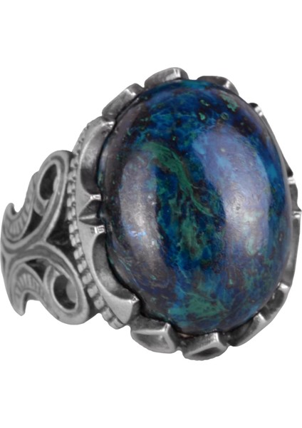 925 Ayar Sert Gümüş Erkek Yüzük - Doğal Taş Seçeneği ile El Yapımı Tasarım (Azurit)