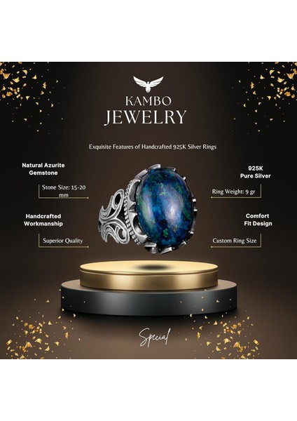 925 Ayar Sert Gümüş Erkek Yüzük - Doğal Taş Seçeneği ile El Yapımı Tasarım (Azurit) fiyatları
