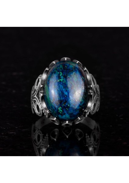 925 Ayar Sert Gümüş Erkek Yüzük - Doğal Taş Seçeneği ile El Yapımı Tasarım (Azurit) fırsatları