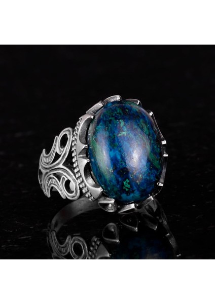 925 Ayar Sert Gümüş Erkek Yüzük - Doğal Taş Seçeneği ile El Yapımı Tasarım (Azurit) indirimleri