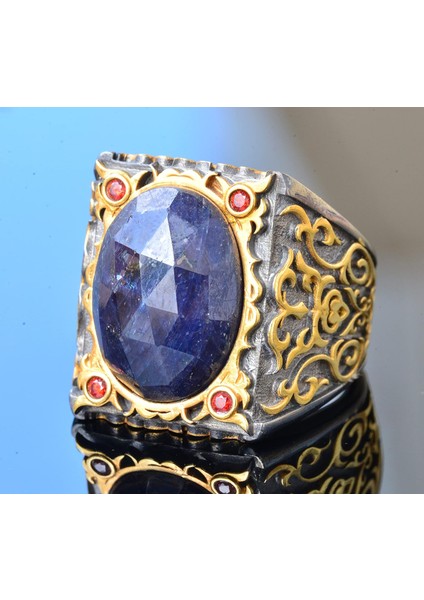 Erkek Sterlin Gümüş Sultan Yüzük - Doğal Safir Taşı