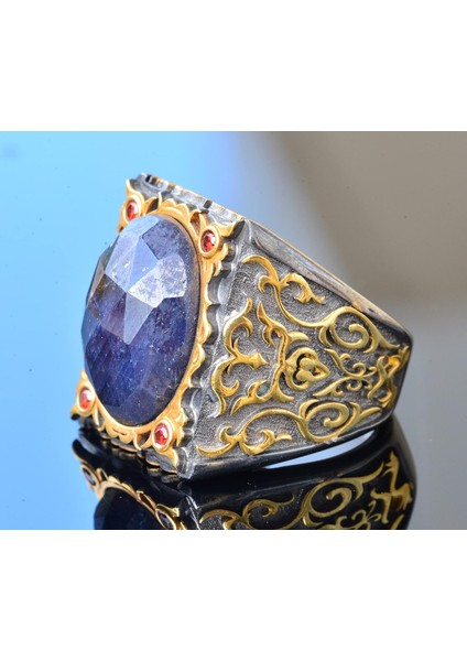 Erkek Sterlin Gümüş Sultan Yüzük - Doğal Safir Taşı