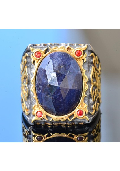 Erkek Sterlin Gümüş Sultan Yüzük - Doğal Safir Taşı