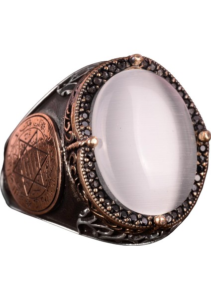 Davud Yıldızı Yüzüğü, Oluşturulmuş Taş Yüzük, 925 Ayar Gümüş Süleyman Yüzüğü (Beyaz Kedi Gözü Oluşturulmuş Taş)