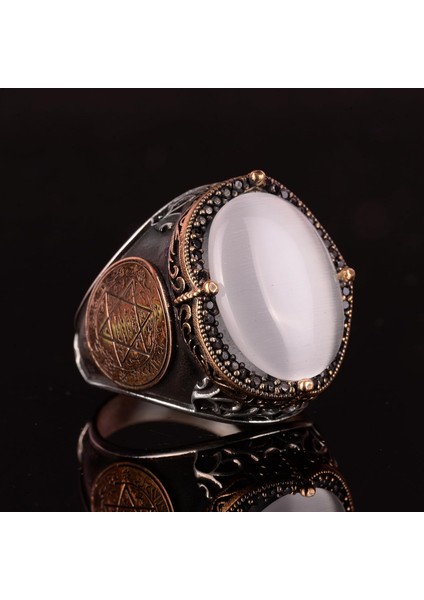 Davud Yıldızı Yüzüğü, Oluşturulmuş Taş Yüzük, 925 Ayar Gümüş Süleyman Yüzüğü (Beyaz Kedi Gözü Oluşturulmuş Taş) indirimleri