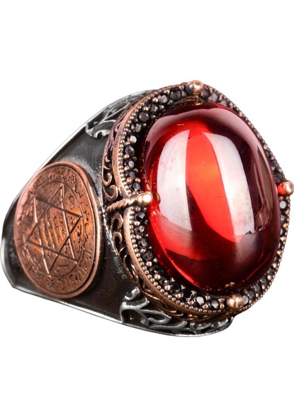 David Yıldızı Yüzük, Yapay Taş Yüzük, 925 Ayar Gümüş Süleyman Yüzüğü (Cabochon Yapay Garnet Taşı)
