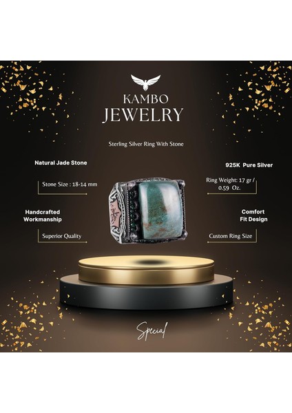 Sterling Gümüş Erkek Yüzük - Doğal Jade Taşlı - Islami Tasarım - El Yapımı Vintage Yüzük fiyatları