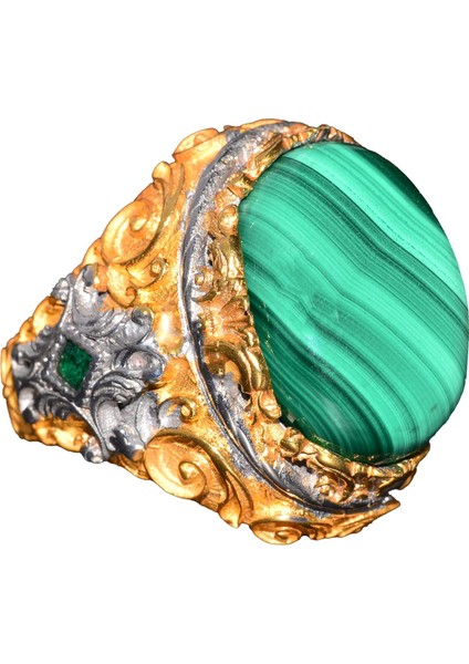 Doğal Malakit Taşı, 925 Ayar Gümüş Büyük Yüzük, Malakit Yüzük, Altın Kaplama
