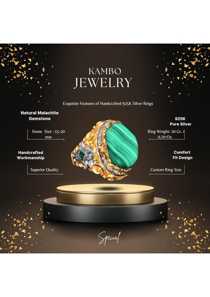 Doğal Malakit Taşı, 925 Ayar Gümüş Büyük Yüzük, Malakit Yüzük, Altın Kaplama fiyatları