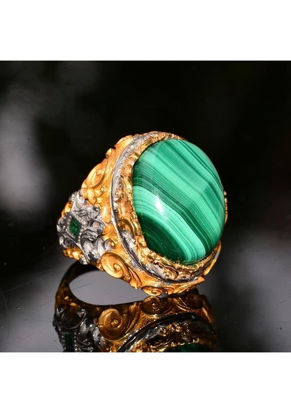 Doğal Malakit Taşı, 925 Ayar Gümüş Büyük Yüzük, Malakit Yüzük, Altın Kaplama modelleri