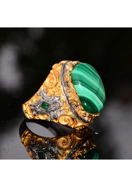 Doğal Malakit Taşı, 925 Ayar Gümüş Büyük Yüzük, Malakit Yüzük, Altın Kaplama fırsatları