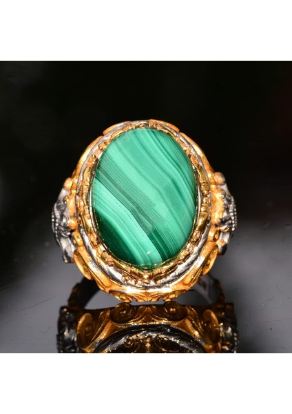 Doğal Malakit Taşı, 925 Ayar Gümüş Büyük Yüzük, Malakit Yüzük, Altın Kaplama indirimleri