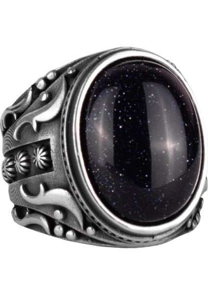 Yapay Taş Yüzük, 925 Ayar Gümüş Yüzük, Tasarım Gümüş Erkek Yüzüğü (Mavi Güneş Taşı Yapay Taş)