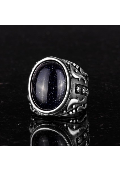 Yapay Taş Yüzük, 925 Ayar Gümüş Yüzük, Tasarım Gümüş Erkek Yüzüğü (Mavi Güneş Taşı Yapay Taş) indirimleri