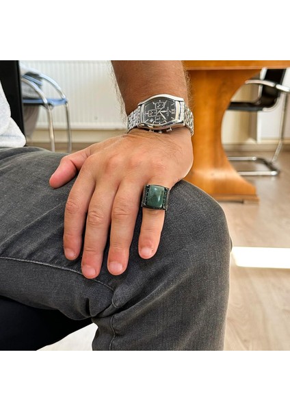 Sterling Gümüş Erkek Yüzük - Doğal Jade Taşlı - Islami Tasarım - El Yapımı Vintage Yüzük modelleri