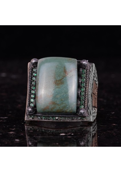 Sterling Gümüş Erkek Yüzük - Doğal Jade Taşlı - Islami Tasarım - El Yapımı Vintage Yüzük fırsatları