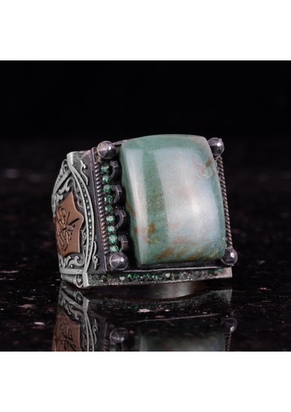 Sterling Gümüş Erkek Yüzük - Doğal Jade Taşlı - Islami Tasarım - El Yapımı Vintage Yüzük indirimleri