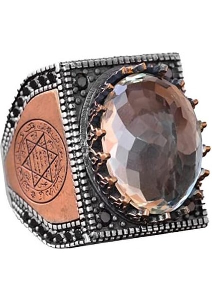 Doğal Citrin Taşı Yüzük, 17.45 Karat, Erkek Gümüş Yüzük, Süleyman Mührü Yüzüğü