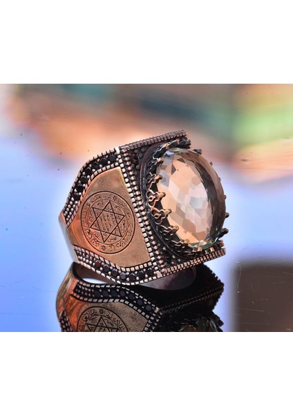 Doğal Citrin Taşı Yüzük, 17.45 Karat, Erkek Gümüş Yüzük, Süleyman Mührü Yüzüğü fırsatları