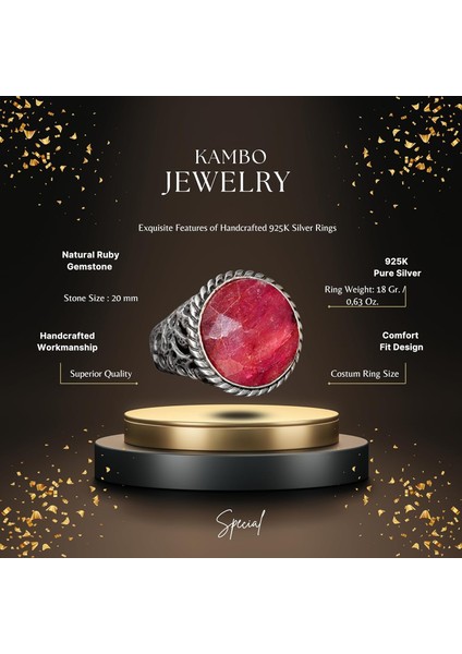 Yakut Doğal Taş Yüzük, 19.20 Karat, Erkek Yüzüğü, Gümüş Yüzük fiyatları