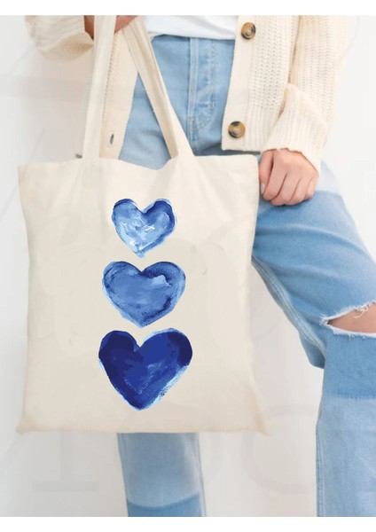 Blue Love Bez Çanta, Omuz Çantası, Kalın Kanvas Tote Bag, Pinterest Çanta, Y2k