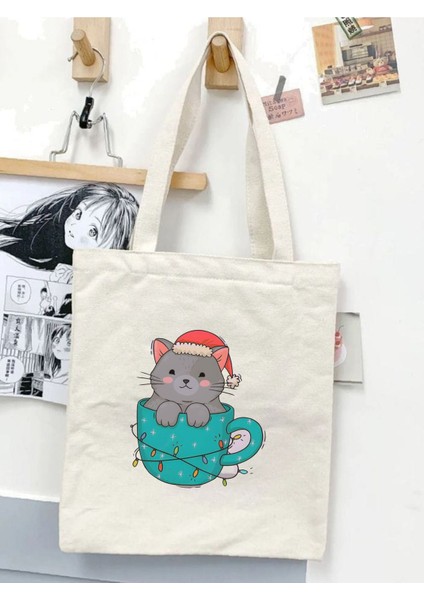 Cup Cat Tasarım Ham Bez Tote Bag Çanta, Pinterest Çanta