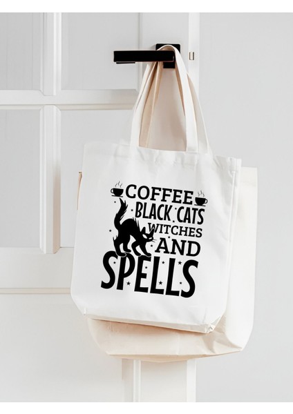 Spell Cat Coffee Kalın Su Geçirmez Bez Tote Bag Kanvas Omuz Çantası