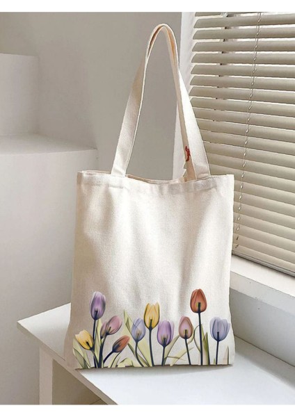 Lale Tasarım Çiçekli Kanvas Rips Kalın Tote Bag Bez Çanta, Pinterest Çanta, Kitap Çantası, Tulip