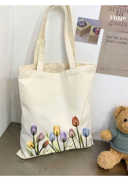 Lale Tasarım Çiçekli Kanvas Rips Kalın Tote Bag Bez Çanta, Pinterest Çanta, Kitap Çantası, Tulip fiyatları