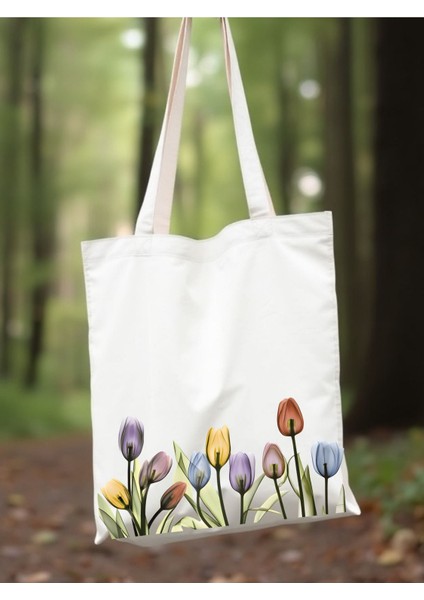 Lale Tasarım Çiçekli Kanvas Rips Kalın Tote Bag Bez Çanta, Pinterest Çanta, Kitap Çantası, Tulip modelleri