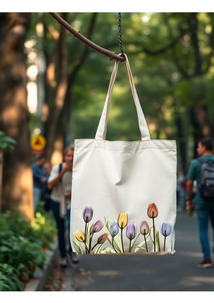 Lale Tasarım Çiçekli Kanvas Rips Kalın Tote Bag Bez Çanta, Pinterest Çanta, Kitap Çantası, Tulip fırsatları