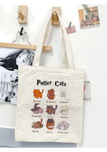 Kedili Potter Cat Tasarım Ham Bez Tote Bag Çanta, Pinterest Çanta