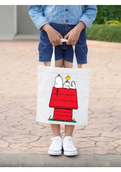 Snoopy Tasarım Kalım Kanvas, Rips Bez Çanta, Omuz Çantası, Kalın Tote Bag