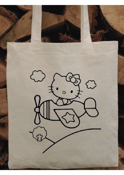 Hello Kitty Uçaklı Boyama Çantası, Boyama Bez Çanta Tote Bag
